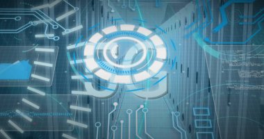 Sunucular üzerinde 5G metin, dürbün tarama ve veri işleme resimleri. Küresel bağlantılar, veri işleme ve dijital arayüz konsepti dijital olarak oluşturulmuş resim.