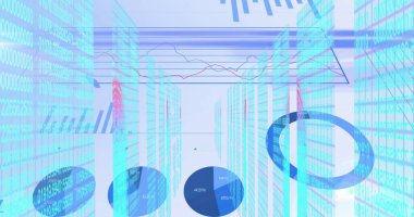 Veri işleme, finansal grafikler ve beyaz arkaplandaki ışıklar. küresel veri işleme, ağ, bilgisayar ve teknoloji konsepti dijital olarak oluşturulmuş görüntü.