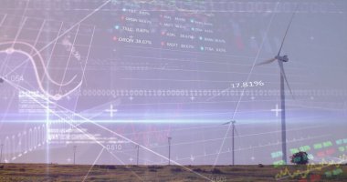 Rüzgar türbini üzerinde grafik ve veri işleme resmi. Çevre, sürdürülebilirlik, ekoloji, yenilenebilir enerji ve teknoloji konsepti dijital olarak oluşturulmuş görüntü.