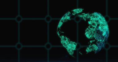 Koyu arkaplanda küre ve ızgara görüntüsü. Küresel bilim, bağlantılar, veri işleme ve dijital arayüz kavramı dijital olarak oluşturuldu.