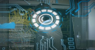 Kafkas erkek sunucu oda çalışanını tarama görüntüsü. Küresel bağlantılar, veri işleme ve dijital arayüz konsepti dijital olarak oluşturulmuş resim.