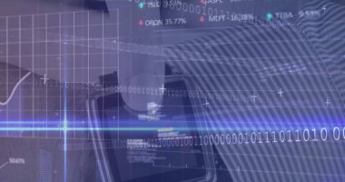Ekranda üst üste bindirme gösteriliyor, ikili, ızgara, çizgi çizelgesi, hisse senetleri ve yüzde değişiklikleri. Teknoloji, yenilik, veri görselleştirme, fütüristik, dijital arayüz, analitik, finans
