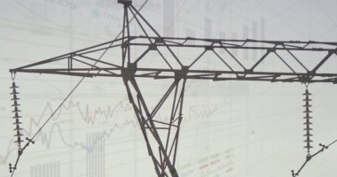 Elektrik direği ve peyzaj üzerindeki istatistik ve veri işleme görüntüleri. küresel enerji, elektrik ve veri işleme kavramı dijital olarak oluşturulmuş görüntü.