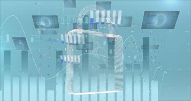 Şehirdeki çevrimiçi güvenlik kilidi, istatistik ve finansal veri işleme görüntüleri. küresel iş, finans, bilgisayar ve veri işleme kavramı dijital olarak oluşturulmuş görüntü.