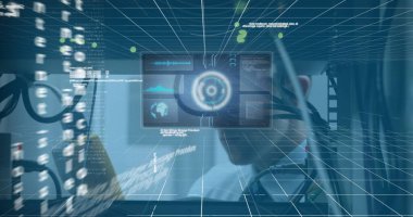 Mavi arkaplanda dijital asma kilit ve veri işleme simgeleri. Küresel teknoloji ve dijital arayüz konsepti dijital olarak oluşturuldu.