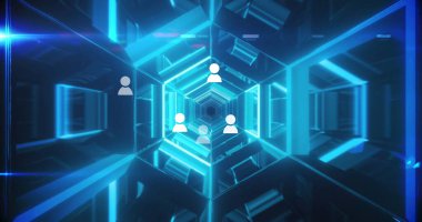 Hareket eden neon ışıklardan oluşan tünel üzerindeki sosyal medya tepkilerinin görüntüsü. İletişim, sosyal medya ve teknoloji konsepti dijital olarak oluşturulmuş görüntü.