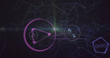 Karanlık arkaplan üzerindeki simgelerle bağlantı ağının resmi. Küresel bilim, bağlantılar, veri işleme ve dijital arayüz kavramı dijital olarak oluşturuldu.