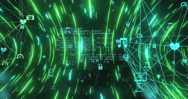 Siyah arkaplan üzerindeki ortam simgelerinin resmi. küresel iş ve dijital arayüz kavramı dijital olarak oluşturulmuş görüntü.