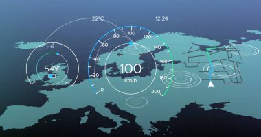 HUD tarzı Avrupa haritasında 100 km veya h 'lik pil göstergesi ile merkezi hız göstergesi gösteriliyor. Teknoloji, navigasyon, dijital, ulaşım, araç, veri, arayüz
