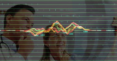Düşünceli beyaz erkek ve kadın doktor yerine finansal grafikler. Sağlık, ilaç, finans ve ekonomi konsepti dijital olarak oluşturulmuş imaj.