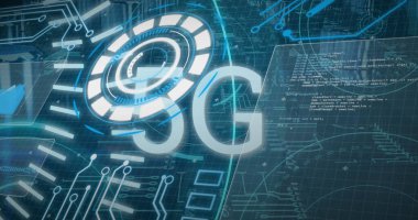 Sunucularda 5G ve veri işleme görüntüsü. bilgisayarlar, ağ, veri işleme, iletişim ve teknoloji konsepti dijital olarak oluşturulmuş görüntü.