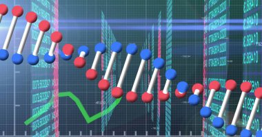 DNA ipliği üzerinde veri işleme resmi. Küresel iş ve dijital arayüz kavramı dijital olarak oluşturulmuş görüntü.