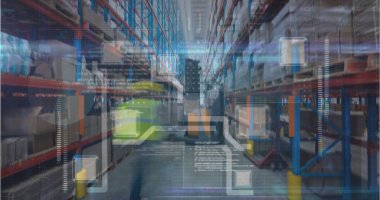 Depodaki veri işleme ve entegre devre görüntüsü. iş, finans ve dağıtım hizmetleri kavramı dijital olarak oluşturulmuş görüntü.