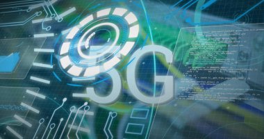 Sunucularda 5G ve veri işleme görüntüsü. bilgisayarlar, ağ, veri işleme, iletişim ve teknoloji konsepti dijital olarak oluşturulmuş görüntü.