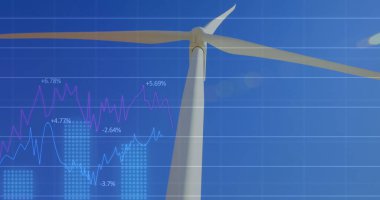 Rüzgâr türbini kulesi, açık mavi gökyüzü altında finansal verilerle yavaşça dönüyor. Yenilenebilir, sürdürülebilirlik, teknoloji, yenilik, dijital, finans, enerji