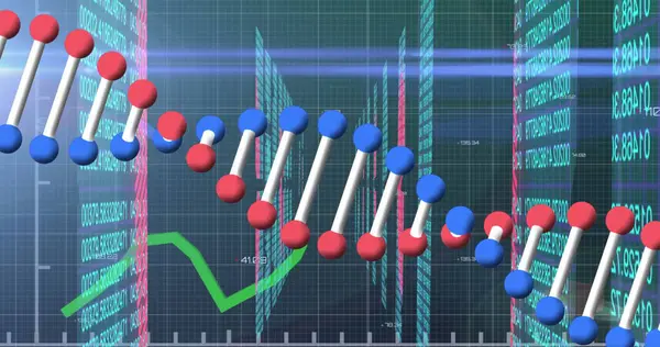 DNA ipliği üzerinde veri işleme resmi. Küresel iş ve dijital arayüz kavramı dijital olarak oluşturulmuş görüntü.