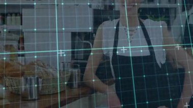 Gülümseyen bayan barista fırın kafede kahve makinesi kullanırken animasyon satış tablosu yükseliyor. Kafe, işçilik, köy, sıcaklık, takım çalışması, misafirperverlik, aşçılık.