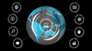 Dünya küresinin üç boyutlu dönüşüyle parlayan ızgara çizgileri ve dizüstü bilgisayar simgesiyle sekiz simgeyi birbirine bağlıyoruz. Teknoloji, bağlantı, yenilik, dijital, veri, analitik, soyut