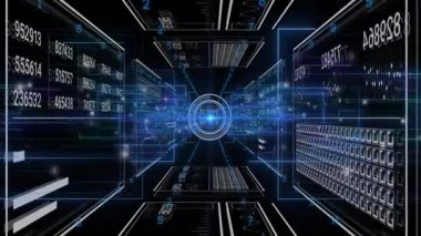 Üç boyutlu dairesel HUD elementi dijital tünelde yüzüyor, parlayan sayısal ızgaraları gösteriyor. Fütürist, sürükleyici, teknoloji, görselleştirme, dijital, arayüz, analitik