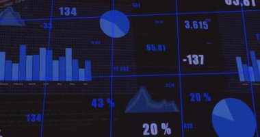 Izgara çizgileri, tarama kayıtları ve çubuk grafikleriyle mavi pasta grafiklerini gösteren koyu renkli animasyon paneli gösteriliyor. Teknoloji, analitik, görselleştirme, gösterge paneli, veri, siber güvenlik, arayüz