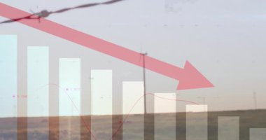 Şeffaf kırmızı ok, düşen enerji verilerini gösteren rüzgar türbini çizelgesini çapraz kesiyor. Yenilenebilir, sürdürülebilir, analitik, görselleştirme, iklim, çevre, bilgi