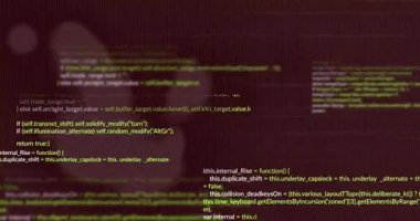 JavaScript kod blokları düz dizayn ile kestane rengi ekran üzerinde akıyor, katmanlı metni gösteriyor. Teknoloji, kodlama, programlama, yazılım, dijital, geliştirme, web