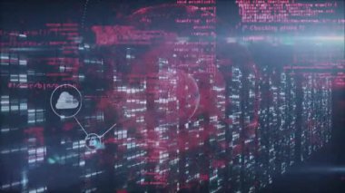 Ağ güvenlik arayüzü, akıllı telefon bulut kilitleme simgelerini yanıp sönen sunucu rafları üzerinde gösteriyor. Siber güvenlik, dijital, teknoloji, koruma, altyapı, yenilik, bağlantı