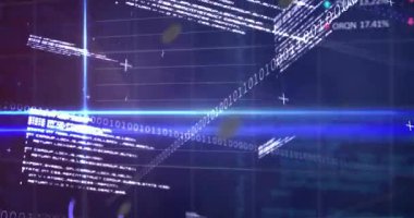 Veri panelinde parlayan kirişler kesişiyor, yüzen ikililer, noktalı dalgalar, ızgara çizgileri. Futuristik, teknoloji, analitik, dijital, soyut, arayüz, neon