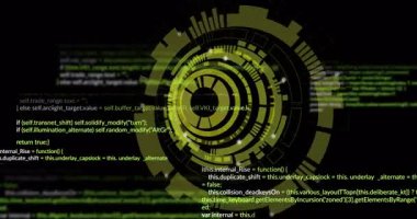 Yeşil JavaScript kodunda yüzen ve dönen yarı saydam sarı dişliler, animasyon düz tasarım. Teknoloji, yenilik, siber güvenlik, dijital, soyut, gelecekçilik, kodlama