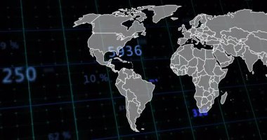 Mavi çizgiler ve veri kaplamaları ile ızgara üzerinde dönen gri dünya haritasını gösteren 3D gösterge paneli. Coğrafya, teknoloji, veri görselleştirme, dijital arayüz, analitik, bilgi, küresel