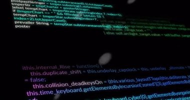 Renkli kod blokları, noktalı ağ perspektifini gösteren, koyu 3D rendeleme arayüzü içinde yüzüyorlar. Teknoloji, yenilik, dijital, geleceksel, programlama, veri, arayüz