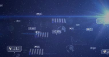 Yıldızlı arka planda yüzen dijital analitik arayüz, sosyal medya ölçüm panellerini gösteriyor. Teknoloji, veri görselleştirme, fütüristik, gösterge paneli, siber, arayüz, bilgi