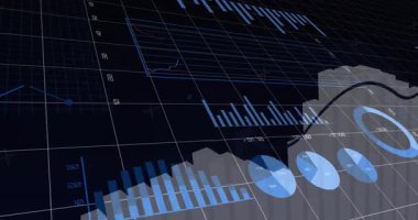 Karanlık şebeke düzleminde, çubuk çizelgeleri ve çizgi eğrilerini gösteren 3D veri canlandırması canlandırılıyor. Infographic, gösterge paneli, analitik, teknoloji, modern, dijital, iş