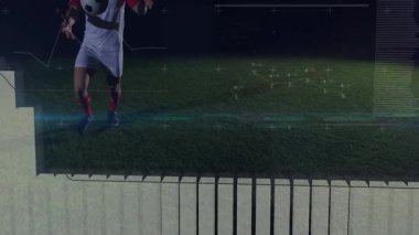 Spor teknik performans grafikleri ve veri noktaları sunarken erkek sporcu topa vuruyor. Sporcu, spor, teknoloji, analitik, performans, dijital, görselleştirme