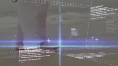 Çıplak ayaklar ıslak kumun üzerinde dururken ikili kod parlayan holografik kıyı şeridinde akıyor. Minimalist, gelecekçi, teknoloji, dijital, yenilik, manzara, ortam