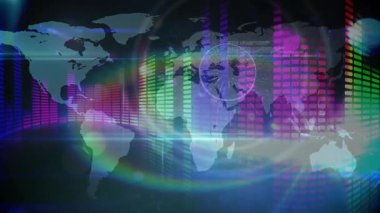 Parlayan veri çubukları, hareket kodu ve avatar hedef simgeleriyle dünya haritasını gösteren animasyon. Teknoloji, görselleştirme, fütüristik, analitik, dijital, yenilik, ağ