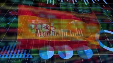 Şebeke üzerinde İspanyol bayrağı sergileniyor, çizgi grafikleri, pasta grafikleri, hisse senetleri gösteriliyor. Finans, analitik, veri görselleştirme, yatırım, pazar, teknoloji, istatistik