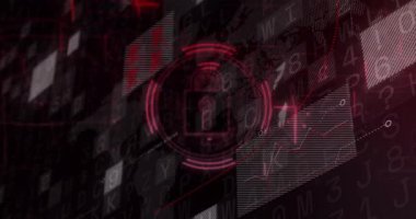 Neon kırmızı asma kilit simgesi eşmerkezli halkaların içinde dönüyor, veri bloklarını ve ağ yollarını gösteriyor. Teknoloji, siber güvenlik, veri, dijital, arayüz, ağ, koruma