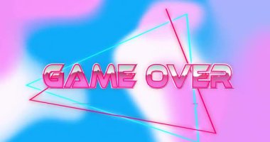 Bulanık arkaplan üzerinde yüzen oyun metni, neon cyan ve morumsu üçgenler içerir. Soyut, fütüristik, neon, geometrik, dijital sanat, canlı, modern