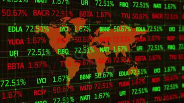 Düz tasarım finans paneli turuncu dünya haritasını kırmızı yeşil borsa saatleriyle ortalanmış olarak gösteriyor. Teknoloji, analitik, pazar, yatırım, veri, görselleştirme, dijital