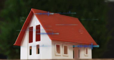 Masada minyatür ev modelini gösteren 3D çizim kod parçacıkları ve dalga biçimi örtülerini gösteriyor. Mimari, yenilik, dijital, modern, teknoloji, yaratıcı, inşaat
