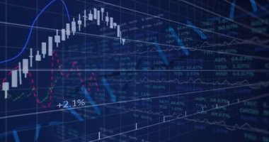 Mavi ticari gösterge panelinde yüzen beyaz şamdan çizelgesi renkli çizgileri gösteriyor. Finans, ticaret, yatırım, borsa, analiz, teknoloji, veri görselleştirme