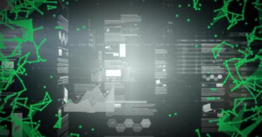 Grafikler veri torpidosunda kayarken siyah paneller arasında birleşen yeşil noktalar ağı. Veri, görselleştirme, analiz, arayüz, bağlantı, teknoloji, fütüristik