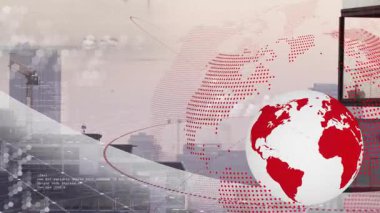 Altıgen ağ örtüleri ile kentsel ufuk çizgisi üzerinde yörüngesel çizgilerle dönen beyaz 3D küre. Teknoloji, yenilik, bağlantı, dijital, metropol, fütüristik, veri görselleştirme