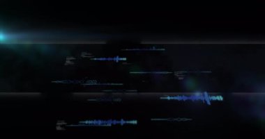 Parlak cyan ve mavi ses dalgaları kod segmentleriyle birlikte yüzüyor, lens parlıyor. Fütürist, dijital, teknoloji, yenilik, arayüz, soyut, modern