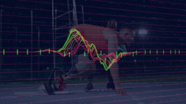 Erkek sprinter, neon grafikler ve şamdanlarla spor analitiğini mümkün kılıyor. Sporcu, antrenörlük, performans, analitik, teknoloji, momentum, rekabet