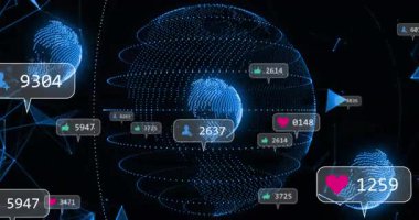 3D görüntüleme merkezi noktalı dünya dönüyor, yüzen kalpler, baş parmaklar yukarı, kullanıcı artı baloncuklar. Dijital, bağlantı, yenilik, teknoloji, arayüz, fütüristik, ağ