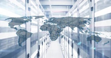 Sunucu raflarındaki ağ düğümlerini ve veri satırlarını gösteren animasyon şematik haritası. Teknoloji, bağlantı, siber güvenlik, veri iletimi, dijital altyapı, modern, gelecekçi