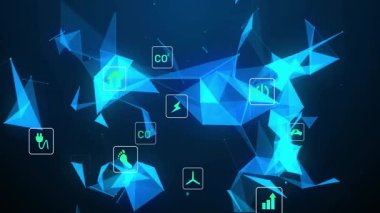 Parlak mavi çokgenler birbirine bağlı çizgilerle yüzerler, karelerde yeşil sürdürülebilirlik simgelerini gösterirler. Gelecekçi, teknoloji, ağ, eko, yenilik, dijital, temiz enerji