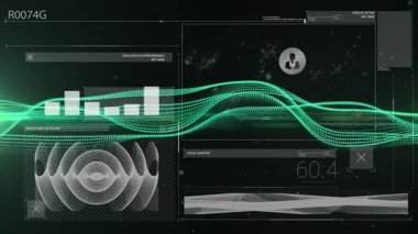 Dalgalanan dalga formlarını, bar çizelgesini ve düz tasarımda HUD göstergelerini gösteren gelecekçi dijital gösterge paneli. Teknoloji, veri, arayüz, yenilik, analitik, görselleştirme, arayüz tasarımı